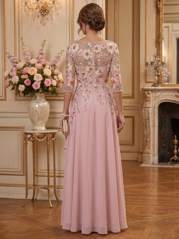 A-Line/Princess Scoop 3/4 Sleeves Chiffon Mother of the Bride & Groom Dresses Floor-Length with Ruffles