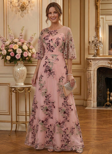 A-Line/Princess Scoop Half Sleeves Lace Embroidery Mother of the Bride & Groom Dresses Floor-Length