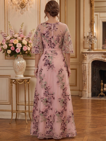 A-Line/Princess Scoop Half Sleeves Lace Embroidery Mother of the Bride & Groom Dresses Floor-Length
