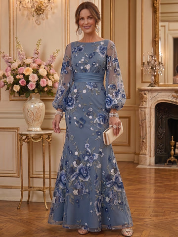 Trumpet/Mermaid Scoop Long Sleeves Lace Embroidery Mother of the Bride & Groom Dresses Floor-Length