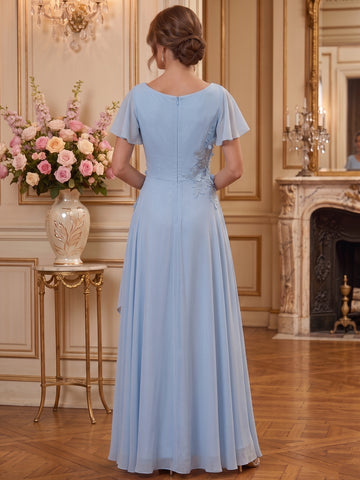 A-Line/Princess Cowl Neck Short Sleeves Chiffon Mother of the Bride & Groom Dresses Floor-Length 3D Flowers&Ruffles