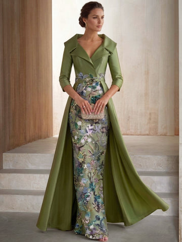 Sheath/Column Shirt Collar Satin Mother of the Bride Dresses with Overskirt Half Sleeves Floor-Lengh Sequins