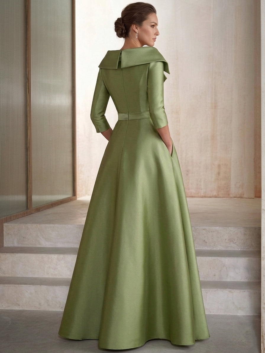 Sheath/Column Shirt Collar Satin Mother of the Bride Dresses with Overskirt Half Sleeves Floor-Lengh Sequins