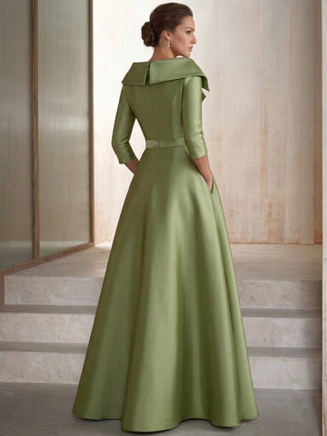 Sheath/Column Shirt Collar Satin Mother of the Bride Dresses with Overskirt Half Sleeves Floor-Lengh Sequins