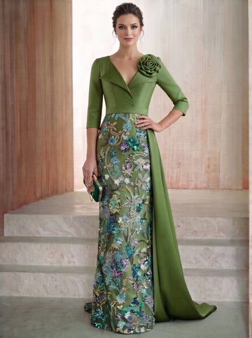 Sheath/Column Shirt Collar Satin Mother of the Bride Dresses Half Sleeves Floor-Lengh Sequins With 3D Flower