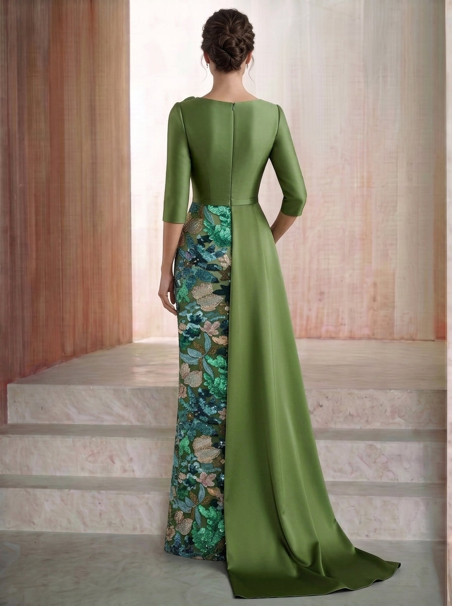 Sheath/Column Shirt Collar Satin Mother of the Bride Dresses Half Sleeves Floor-Lengh Sequins With 3D Flower