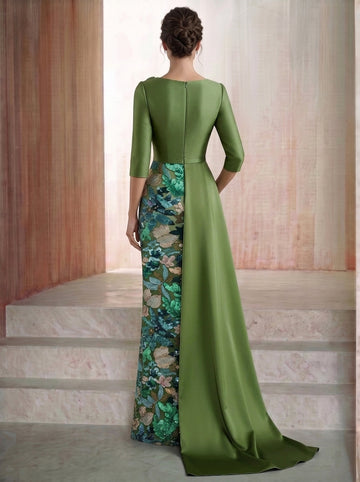 Sheath/Column Shirt Collar Satin Mother of the Bride Dresses Half Sleeves Floor-Lengh Sequins With 3D Flower