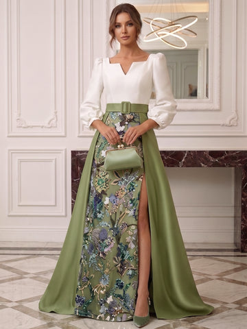 A-Line/Princess Square Neck Satin Mother of the Bride Dresses 3/4 Sleeves Floor-Lengh Sequins With Belt