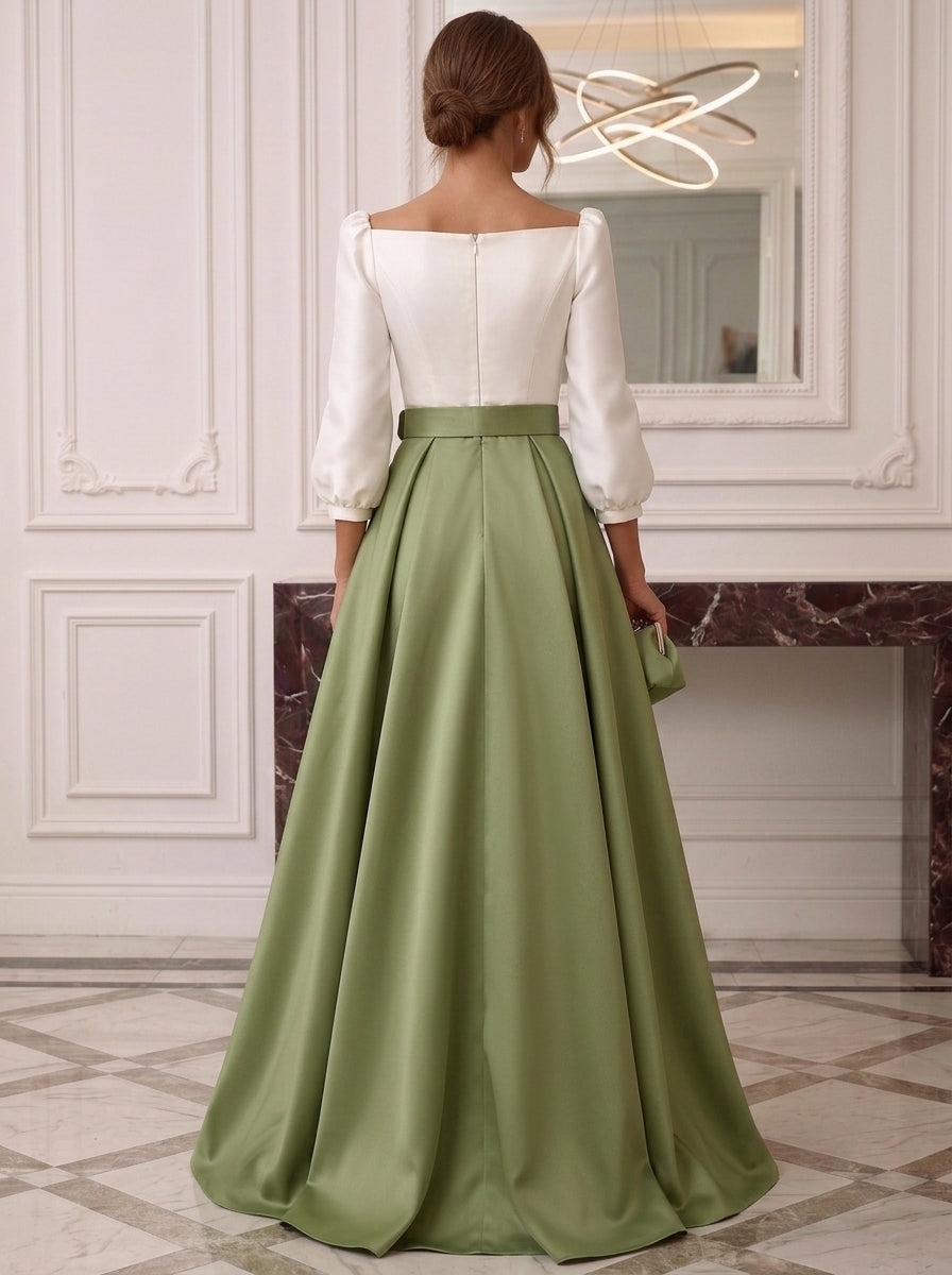A-Line/Princess Square Neck Satin Mother of the Bride Dresses 3/4 Sleeves Floor-Lengh Sequins With Belt