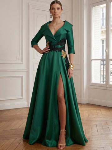 A-Line/Princess Shirt Collar Satin Mother of the Bride Dresses 3/4 Sleeves Floor-Lengh With Appliques