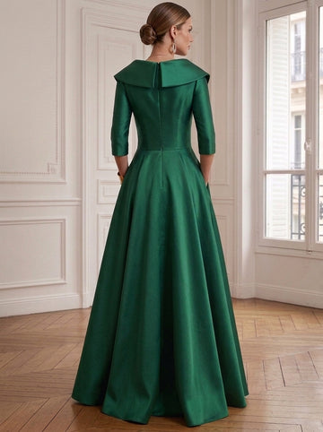 A-Line/Princess Shirt Collar Satin Mother of the Bride Dresses 3/4 Sleeves Floor-Lengh With Appliques