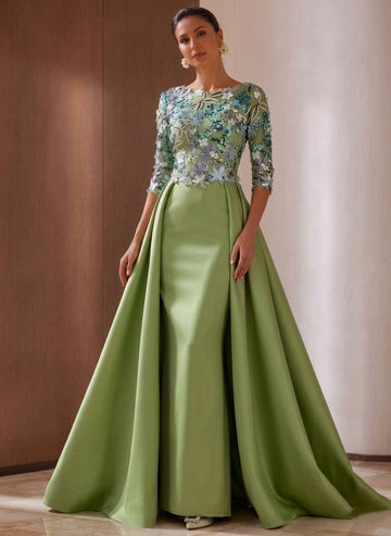 Sheath/Column Boat Neck Satin Mother of the Bride Dresses with Overskirt 3/4 Sleeves Floor-Lengh Sequins