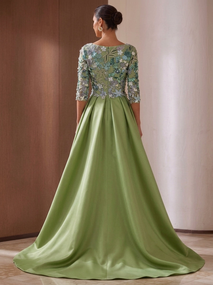 Sheath/Column Boat Neck Satin Mother of the Bride Dresses with Overskirt 3/4 Sleeves Floor-Lengh Sequins