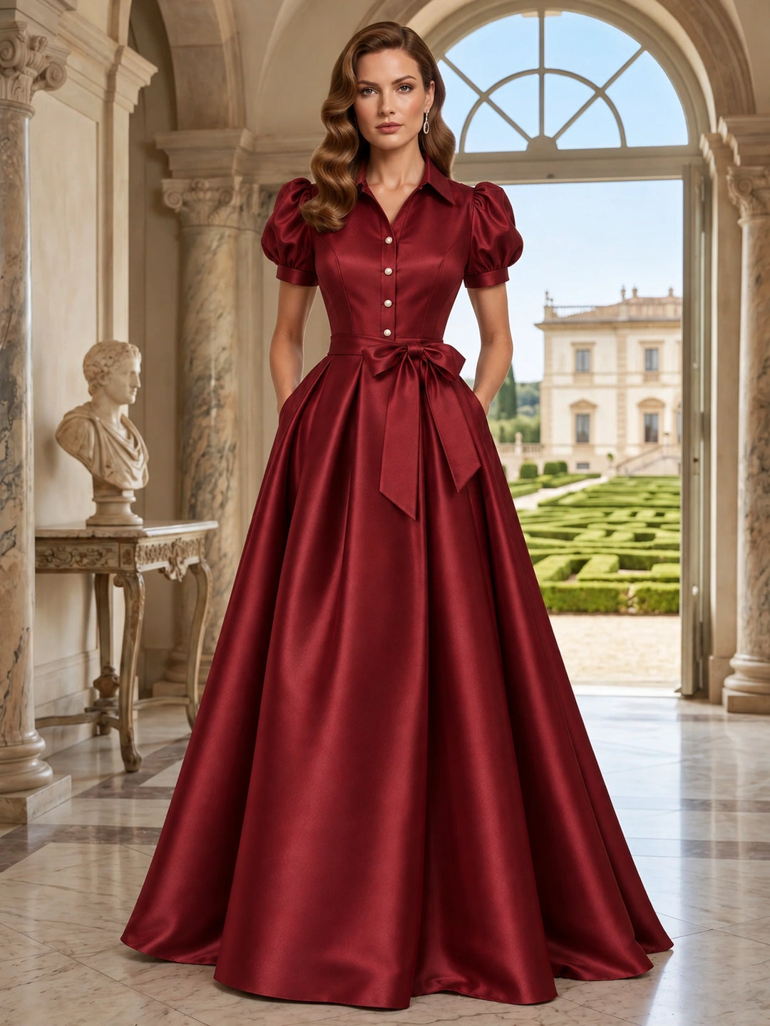 A-Line/Princess Shirt Collar Satin Mother of the Bride & Groom Dresses Floor-Length Puff Sleeves With Bowknot
