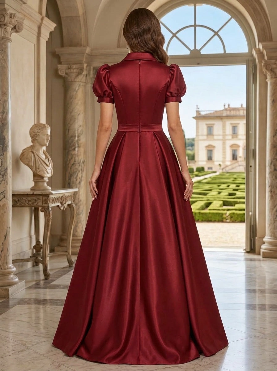 A-Line/Princess Shirt Collar Satin Mother of the Bride & Groom Dresses Floor-Length Puff Sleeves With Bowknot
