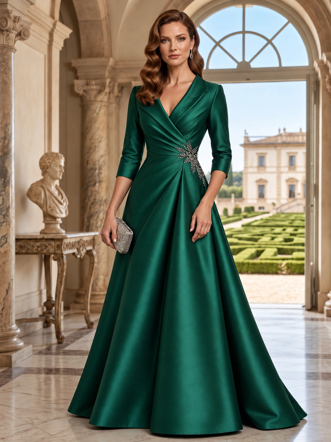 A-Line/Princess V-Neck Satin Mother of the Bride & Groom Dresses Floor-Length 3/4 Sleeves With Rhinestone