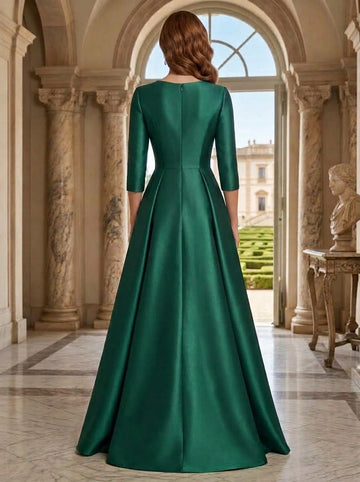 A-Line/Princess V-Neck Satin Mother of the Bride & Groom Dresses Floor-Length 3/4 Sleeves With Rhinestone