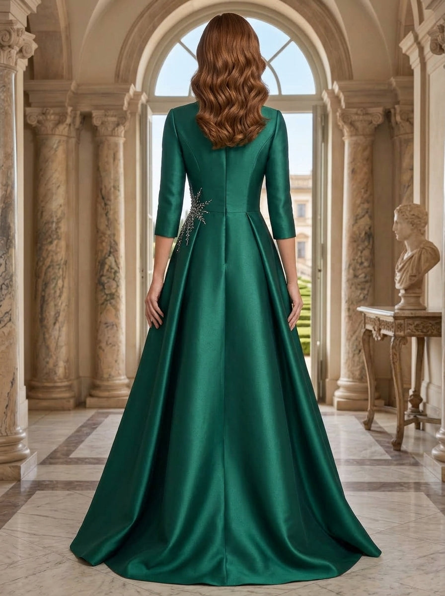 A-Line/Princess V-Neck Satin Mother of the Bride & Groom Dresses Floor-Length 3/4 Sleeves With Rhinestone