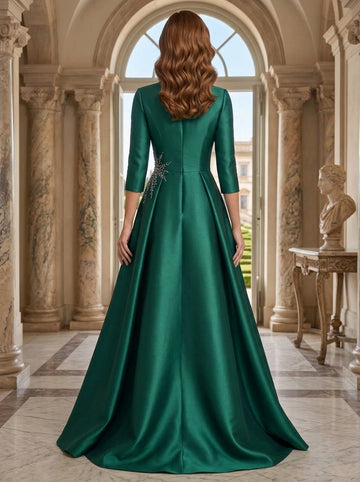 A-Line/Princess V-Neck Satin Mother of the Bride & Groom Dresses Floor-Length 3/4 Sleeves With Rhinestone