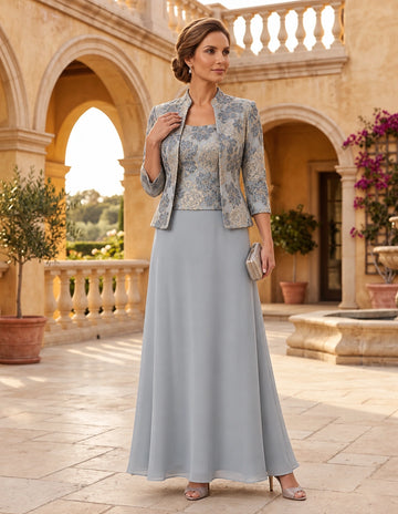 3 Pieces A-Line/Princess Square Collar Jacquard & Chiffon Mother of the Bride & Groom Dresses Floor-Length 3/4 Sleeves With Floral