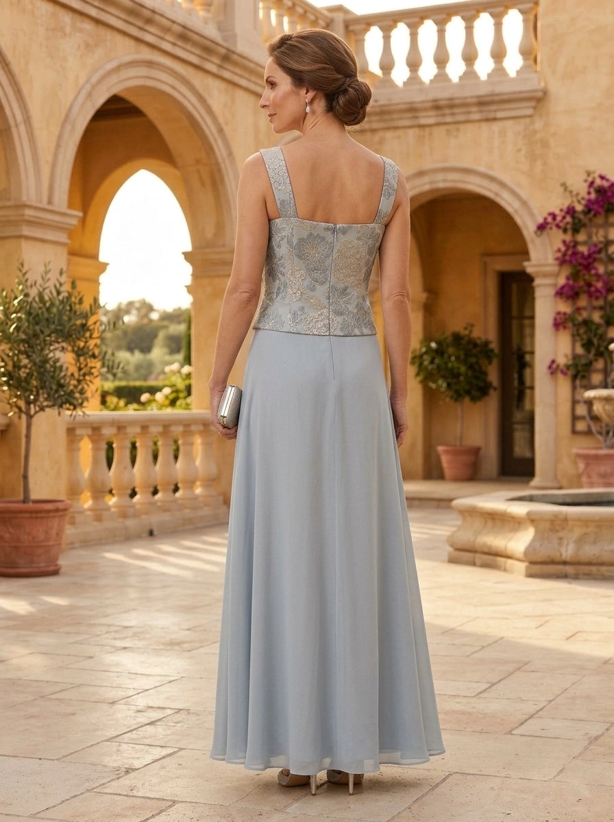3 Pieces A-Line/Princess Square Collar Jacquard & Chiffon Mother of the Bride & Groom Dresses Floor-Length 3/4 Sleeves With Floral