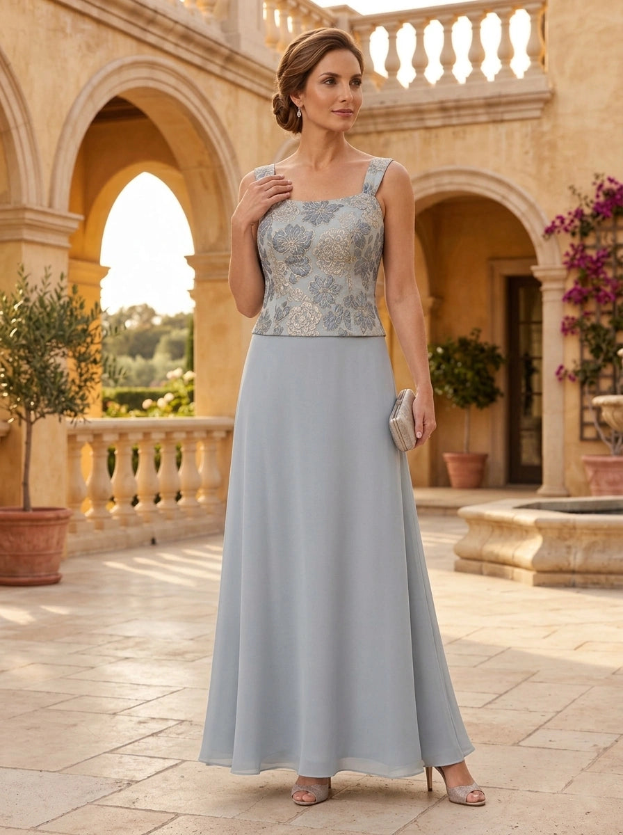 3 Pieces A-Line/Princess Square Collar Jacquard & Chiffon Mother of the Bride & Groom Dresses Floor-Length 3/4 Sleeves With Floral