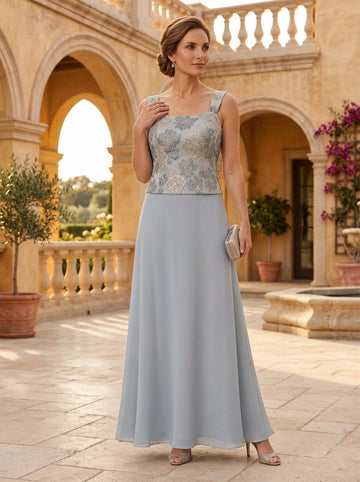 3 Pieces A-Line/Princess Square Collar Jacquard & Chiffon Mother of the Bride & Groom Dresses Floor-Length 3/4 Sleeves With Floral