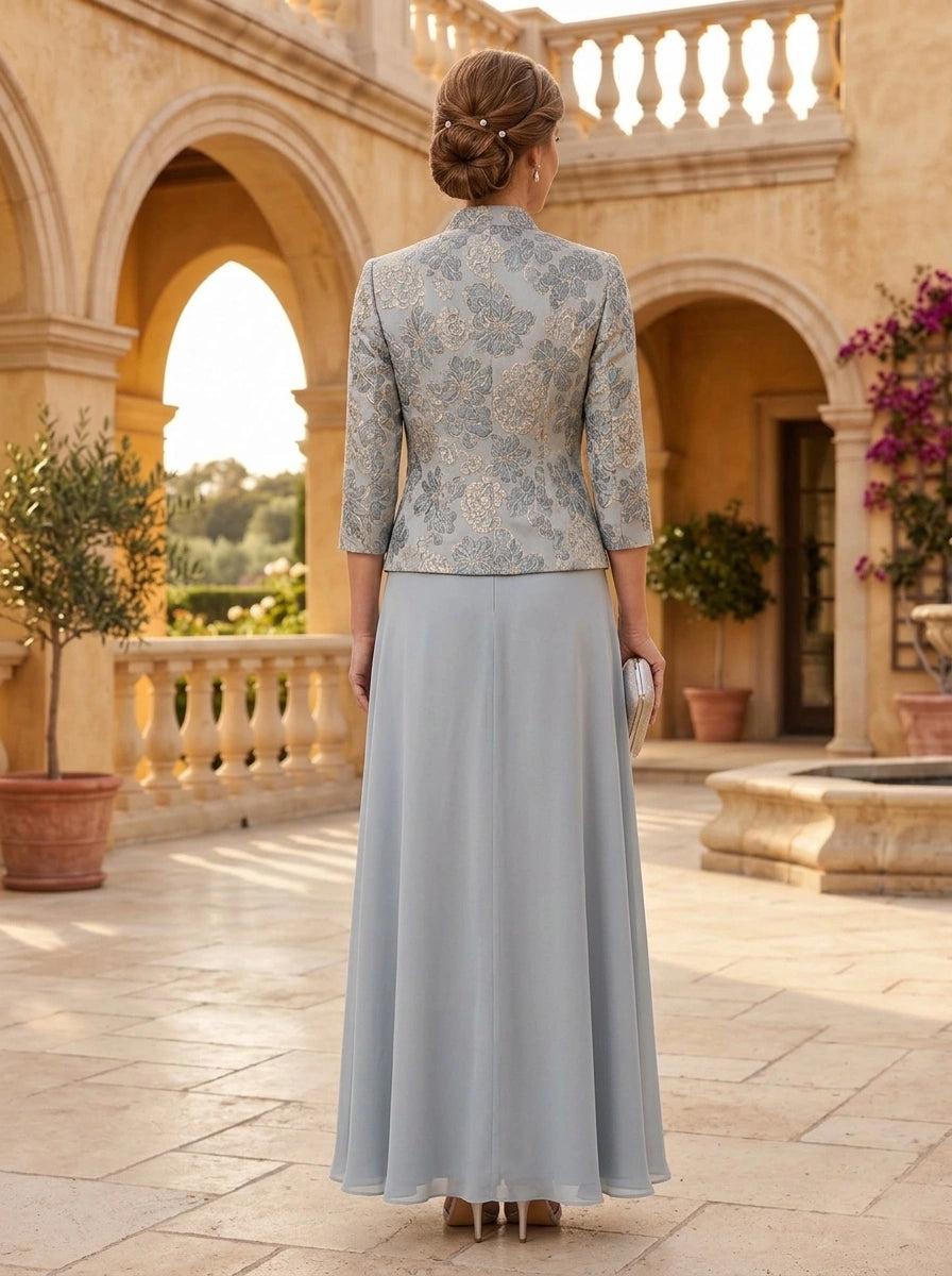 3 Pieces A-Line/Princess Square Collar Jacquard & Chiffon Mother of the Bride & Groom Dresses Floor-Length 3/4 Sleeves With Floral