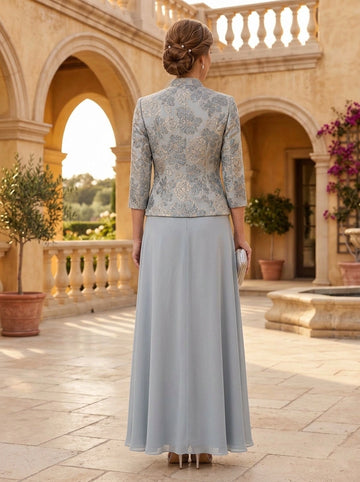 3 Pieces A-Line/Princess Square Collar Jacquard & Chiffon Mother of the Bride & Groom Dresses Floor-Length 3/4 Sleeves With Floral