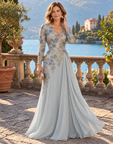A-Line/Princess V-Neck Jacquard & Chiffon Mother of the Bride & Groom Dresses Floor-Length Long Sleeves With Appliques & Pleated