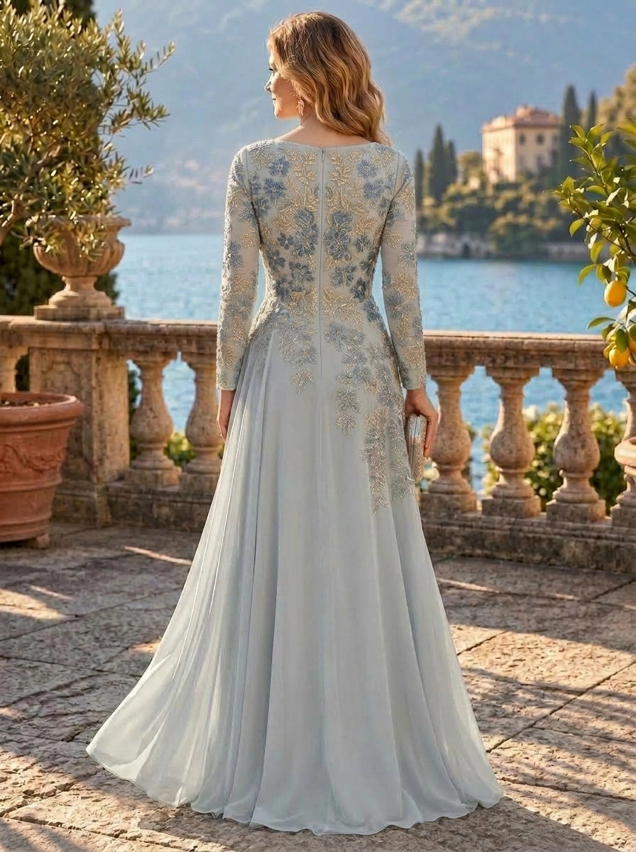A-Line/Princess V-Neck Jacquard & Chiffon Mother of the Bride & Groom Dresses Floor-Length Long Sleeves With Appliques & Pleated