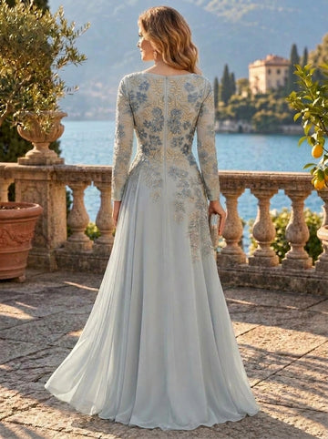 A-Line/Princess V-Neck Jacquard & Chiffon Mother of the Bride & Groom Dresses Floor-Length Long Sleeves With Appliques & Pleated