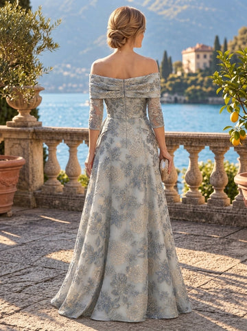 A-Line/Princess Off-the-Shoulder Jacquard & Chiffon Mother of the Bride & Groom Dresses Floor-Length 3/4 Sleeves With Floral & Ruffles