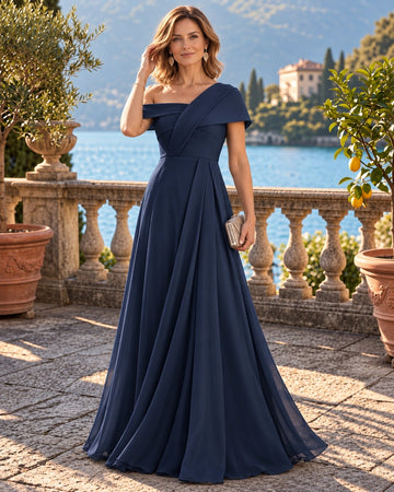 A-Line/Princess One-Shoulder Chiffon Mother of the Bride & Groom Dresses Floor-Length Short Sleeves With Pleated