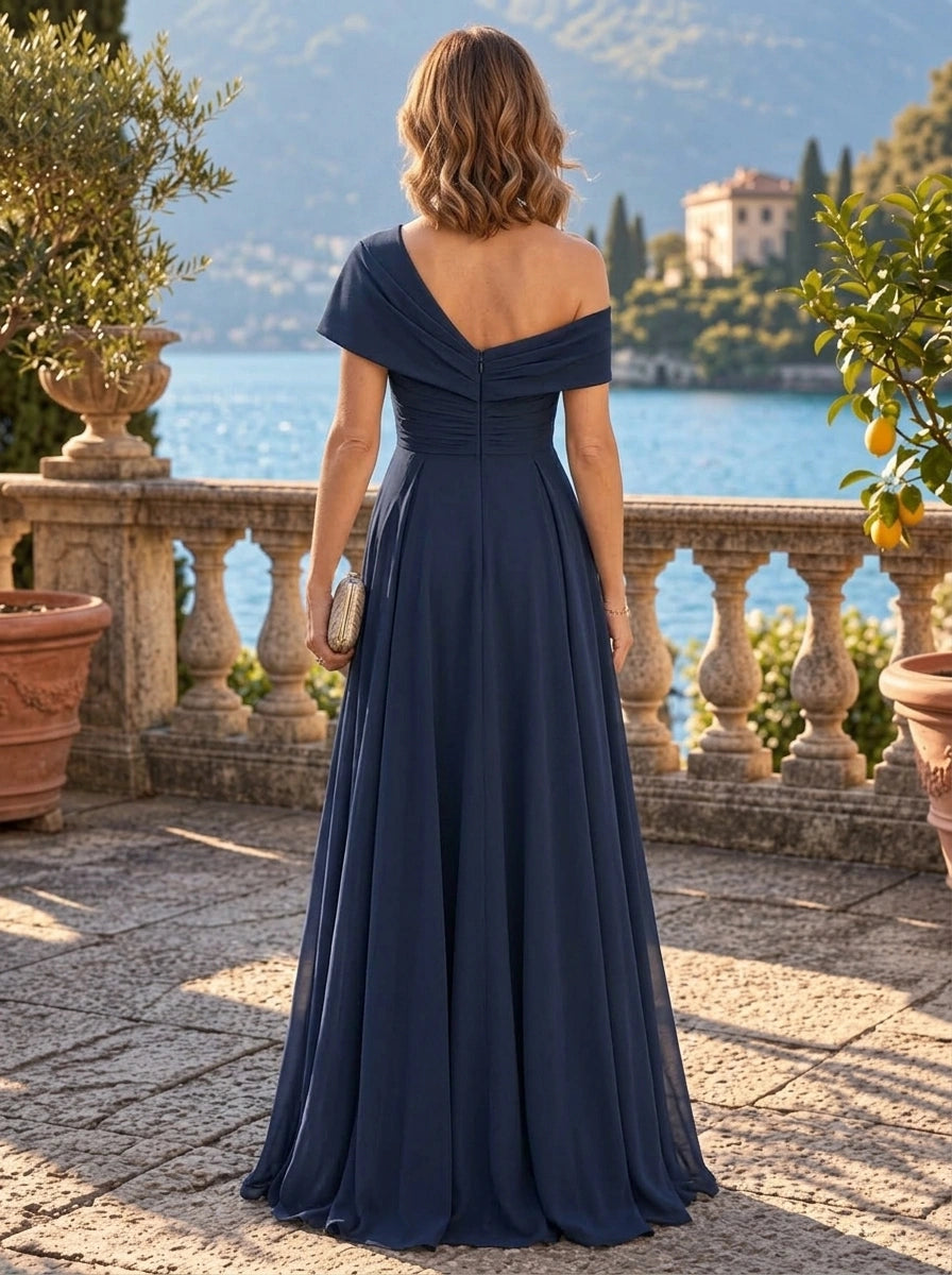 A-Line/Princess One-Shoulder Chiffon Mother of the Bride & Groom Dresses Floor-Length Short Sleeves With Pleated
