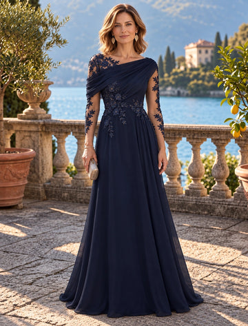 A-Line/Princess Asymmetrical Neck Chiffon Mother of the Bride & Groom Dresses Floor-Length Long  Sleeves With Appliques