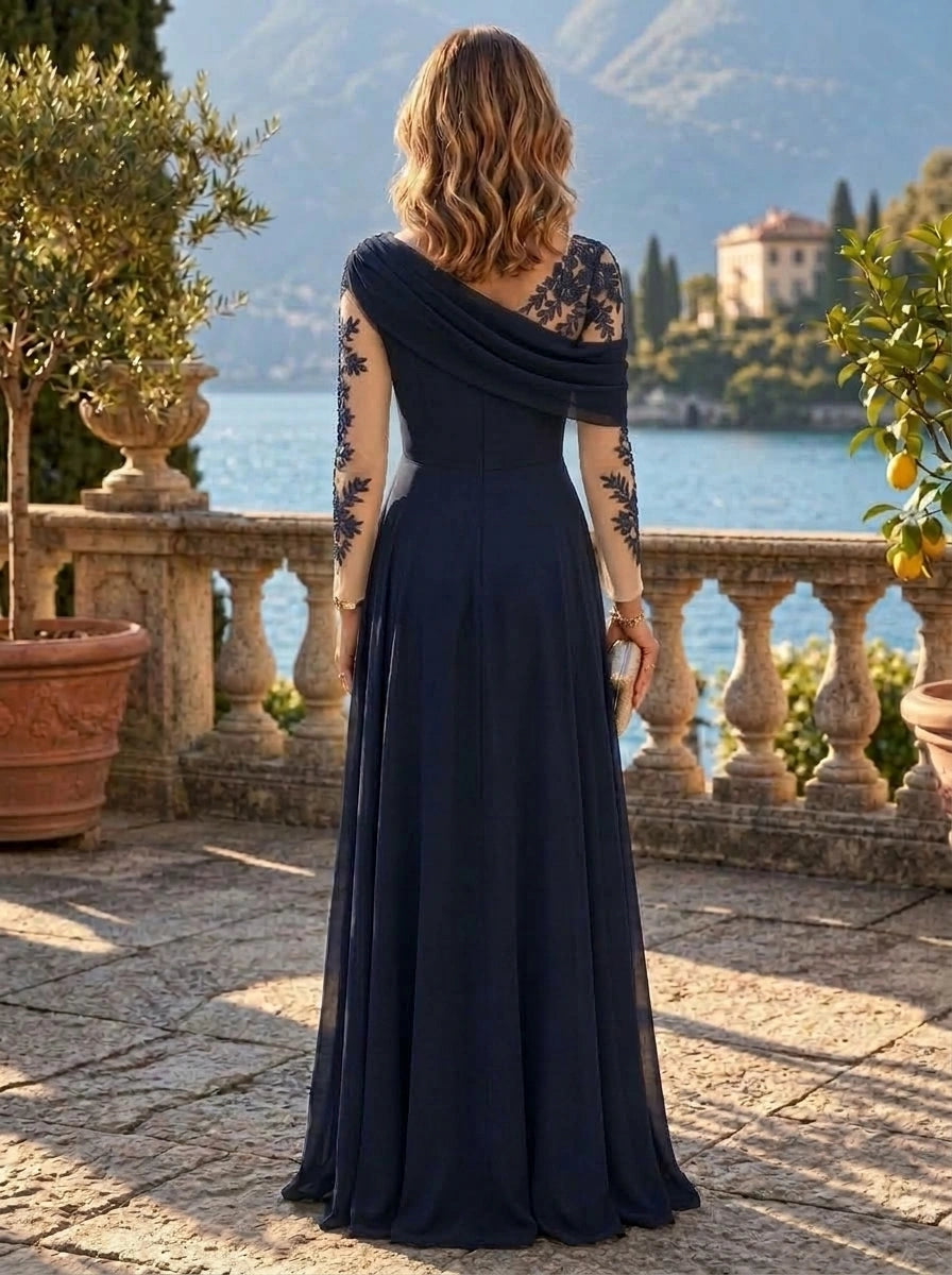 A-Line/Princess Asymmetrical Neck Chiffon Mother of the Bride & Groom Dresses Floor-Length Long  Sleeves With Appliques