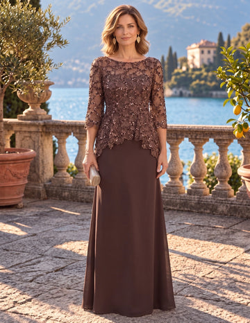 Sheath/Column Jewel Neck Lace Chiffon Mother of the Bride & Groom Dresses Floor-Length 3/4 Sleeves With Appliques
