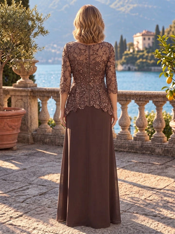 Sheath/Column Jewel Neck Lace Chiffon Mother of the Bride & Groom Dresses Floor-Length 3/4 Sleeves With Appliques