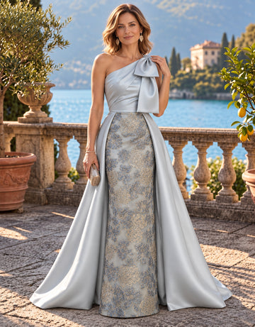 Sheath/Column One-Shoulder Satin & Jacquard Mother of the Bride & Groom Dresses Floor-Length Sleeveless With Bowknot & Floral