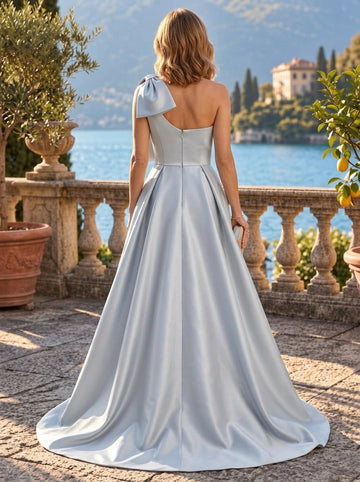 Sheath/Column One-Shoulder Satin & Jacquard Mother of the Bride & Groom Dresses Floor-Length Sleeveless With Bowknot & Floral