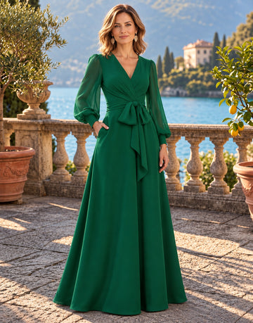 A-Line/Princess V-Neck Chiffon Mother of the Bride & Groom Dresses Floor-Length Long Sleeves With Bowknot & Pockets