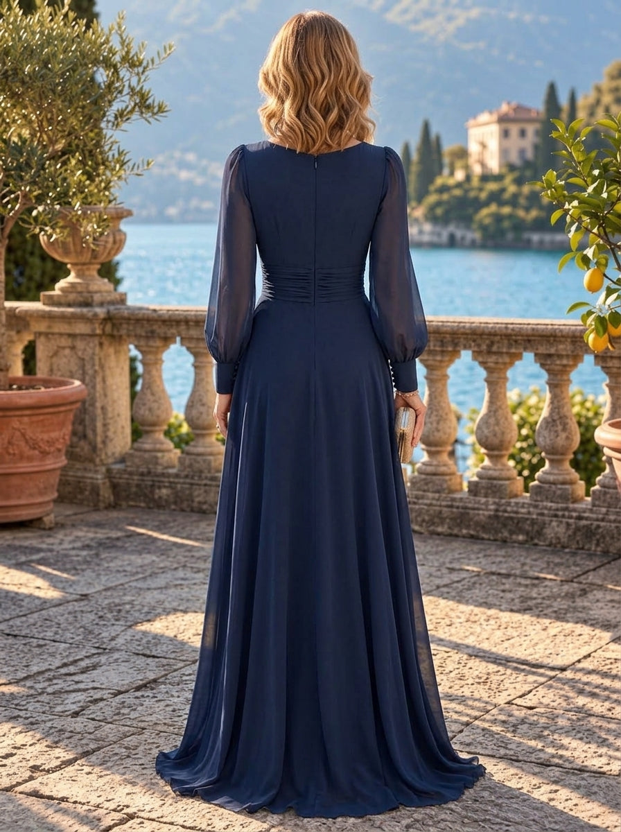 A-Line/Princess V-Neck Chiffon Mother of the Bride & Groom Dresses Floor-Length Long Sleeves With Ruffles & Ruched