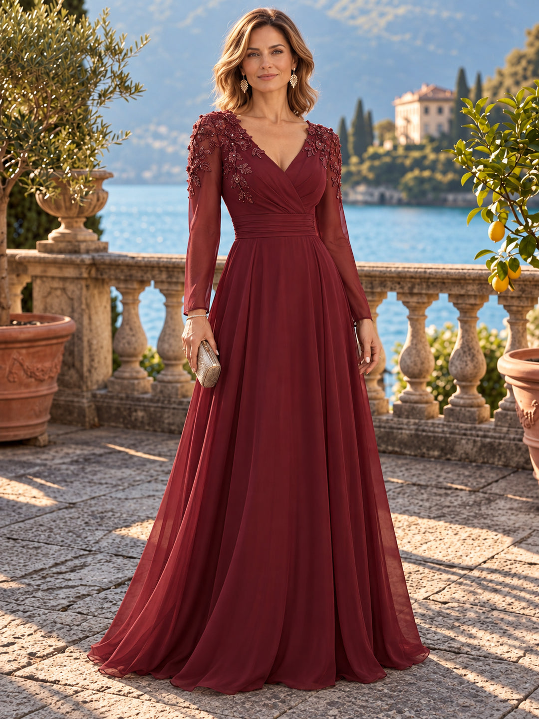 A-Line/Princess V-Neck Chiffon Mother of the Bride & Groom Dresses Floor-Length Long Sleeves With 3D Flowers