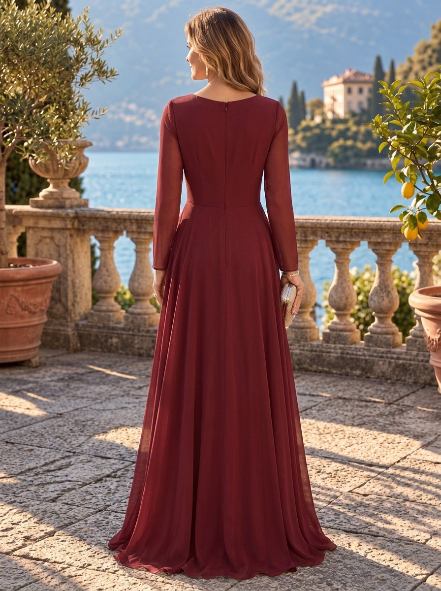A-Line/Princess V-Neck Chiffon Mother of the Bride & Groom Dresses Floor-Length Long Sleeves With 3D Flowers