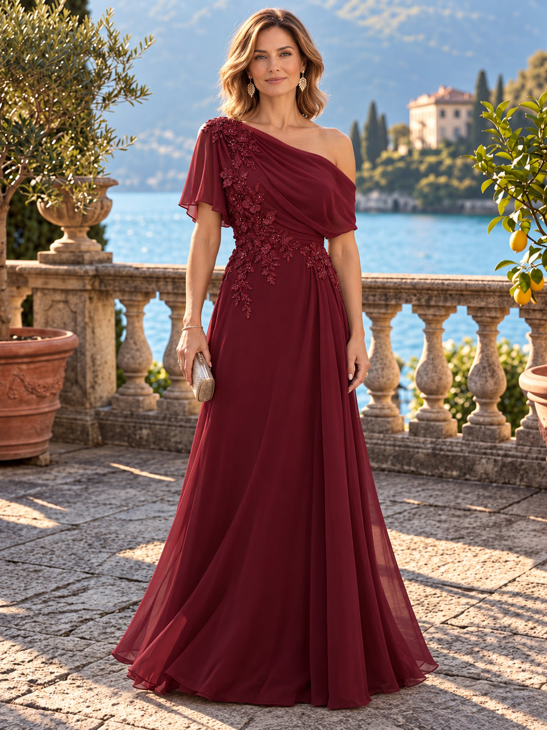 A-Line/Princess One-Shoulder Chiffon Mother of the Bride & Groom Dresses Floor-Length Short Sleeve With 3D Flowers