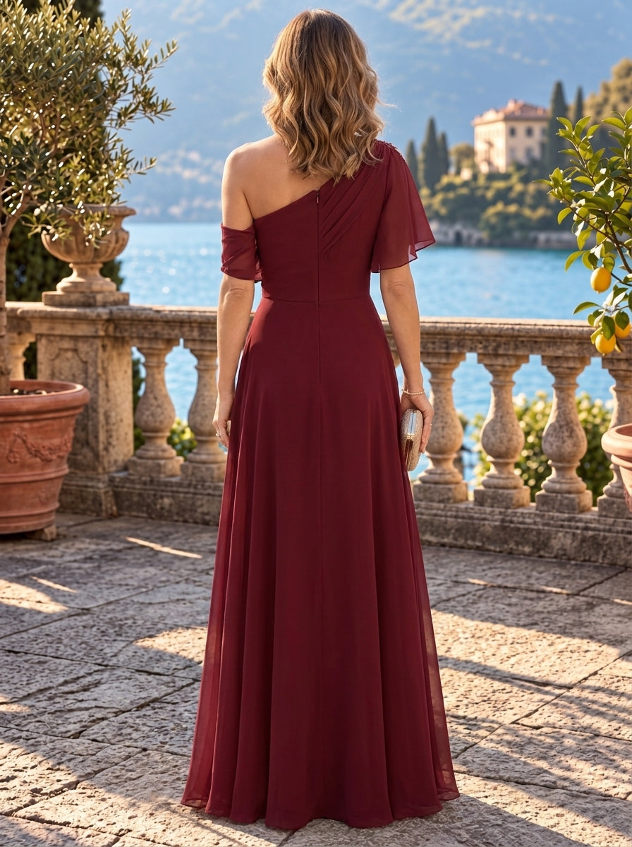 A-Line/Princess One-Shoulder Chiffon Mother of the Bride & Groom Dresses Floor-Length Short Sleeve With 3D Flowers