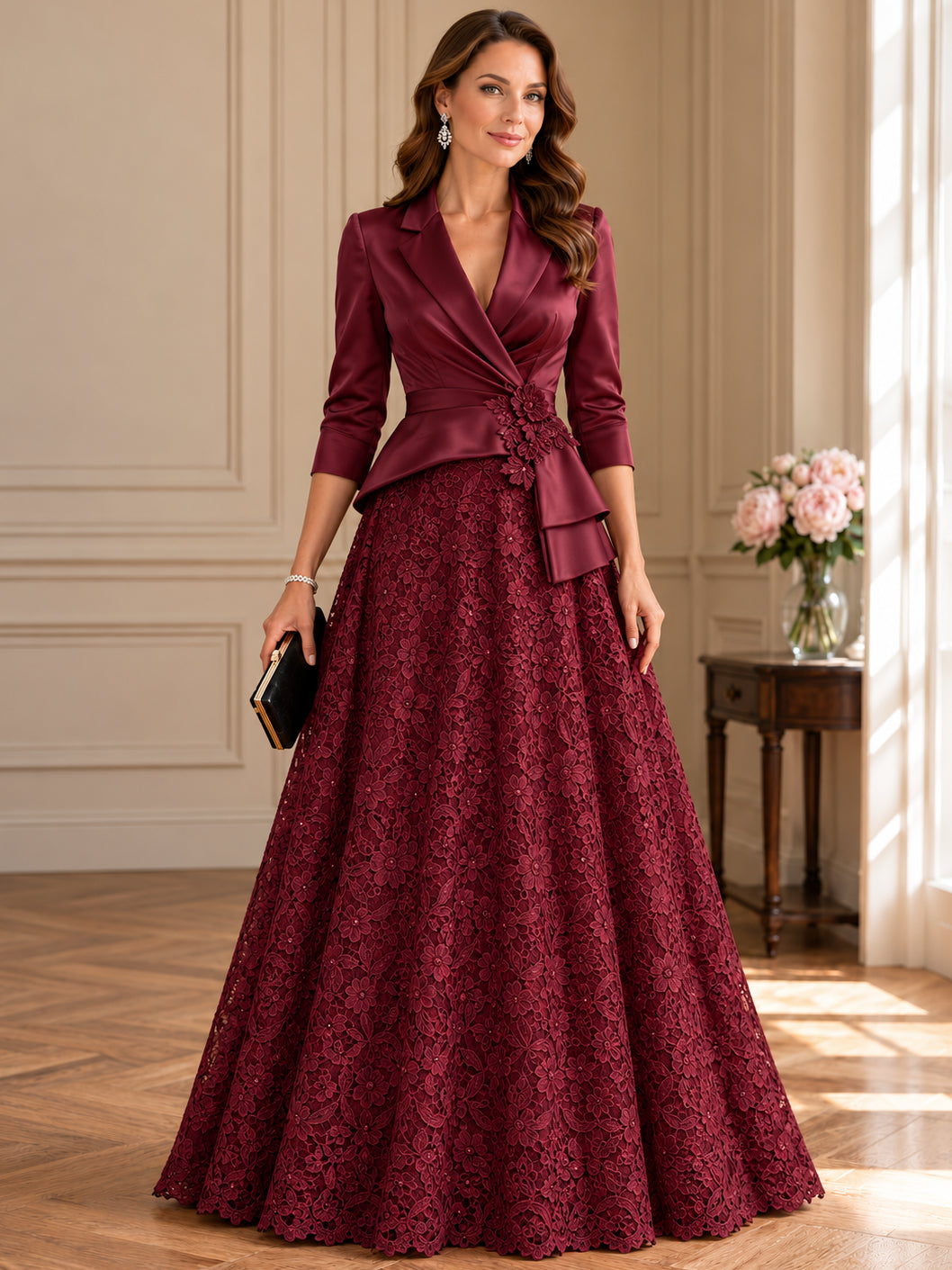 A-Line/Princess Shirt Collar Satin Mother of the Bride & Groom Dresses Floral Floor-Length 3/4 Sleeves