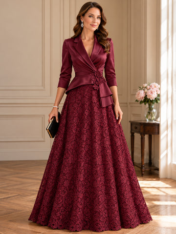 A-Line/Princess Shirt Collar Satin Mother of the Bride & Groom Dresses Floral Floor-Length 3/4 Sleeves
