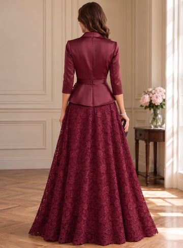 A-Line/Princess Shirt Collar Satin Mother of the Bride & Groom Dresses Floral Floor-Length 3/4 Sleeves